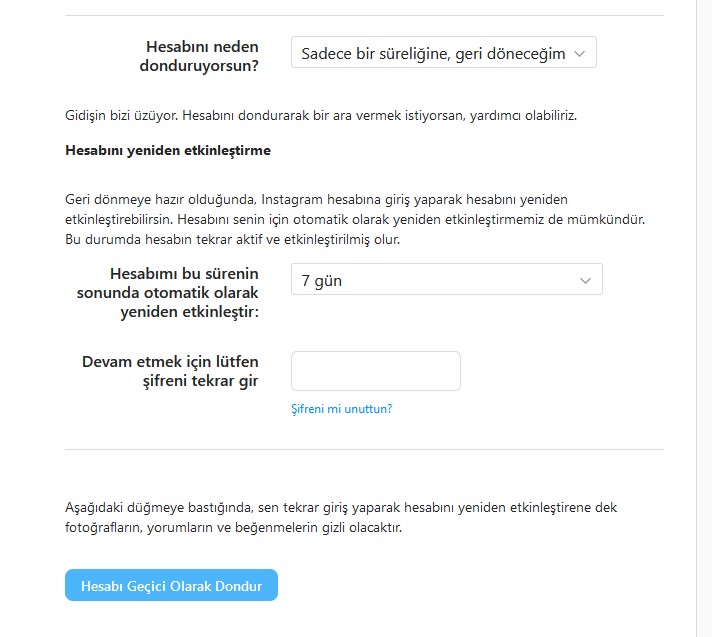 instagram hesabını geçiçi olarak dondurma